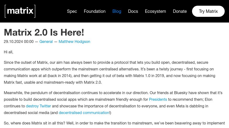 Screenshot of matrix.org: Matrix 2.0 Is Here