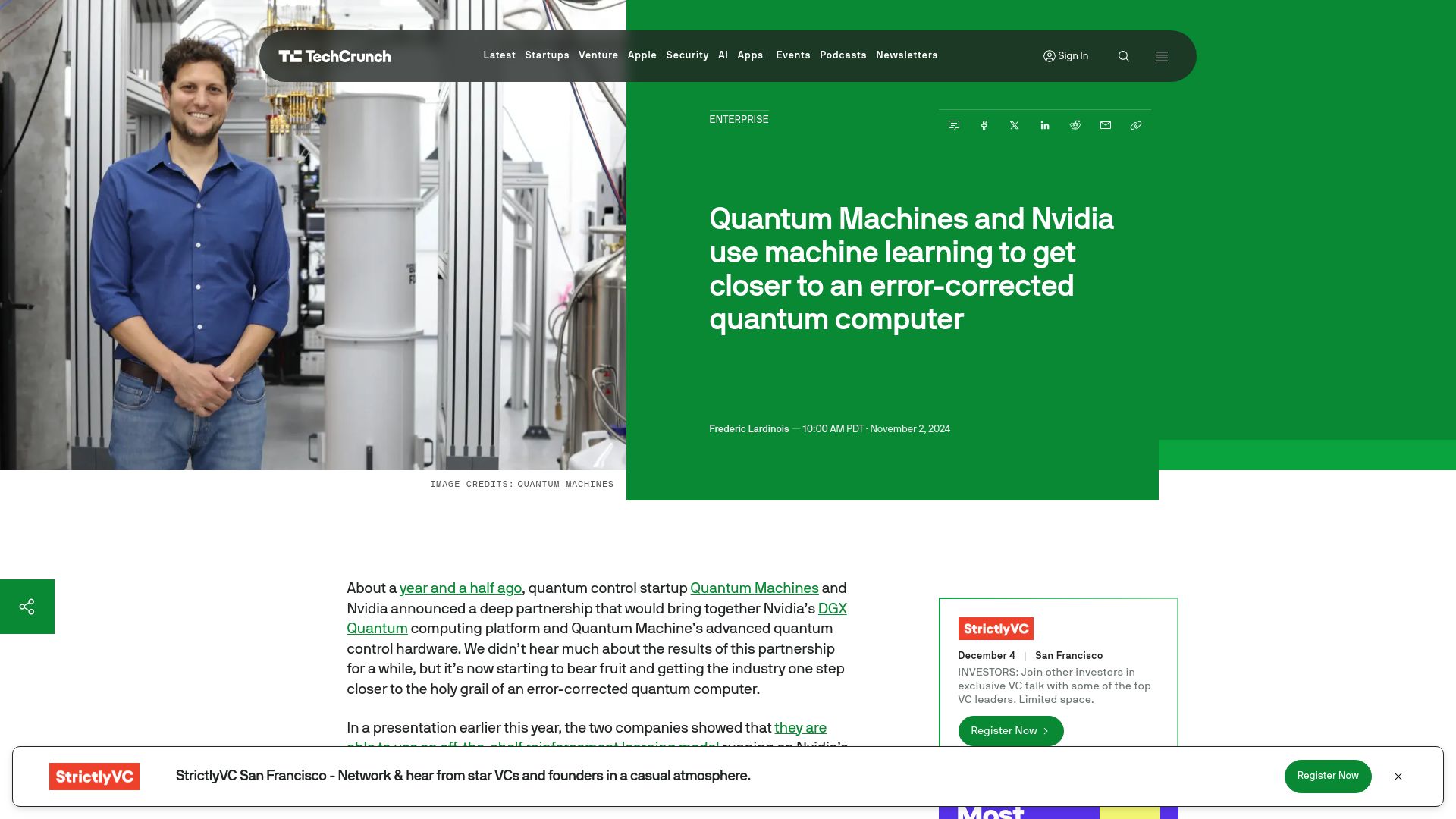 Screenshot of techcrunch.com: Quantum Machines, Nvidia use machine learning to get closer to quantum computer