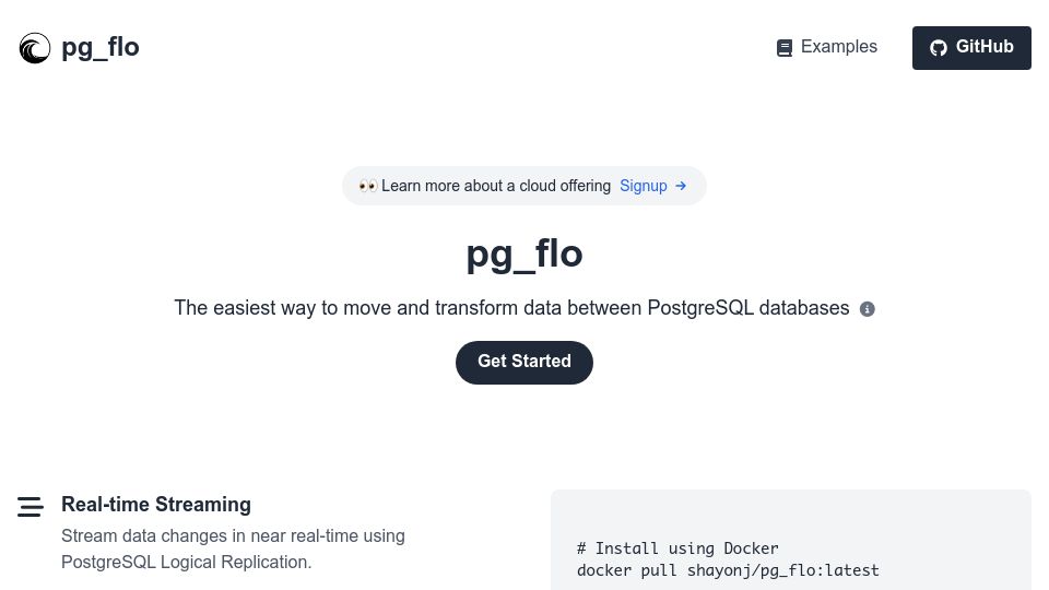 Screenshot of pgflo.io: pg_flo – Stream, transform, and re-route PostgreSQL data in real-time