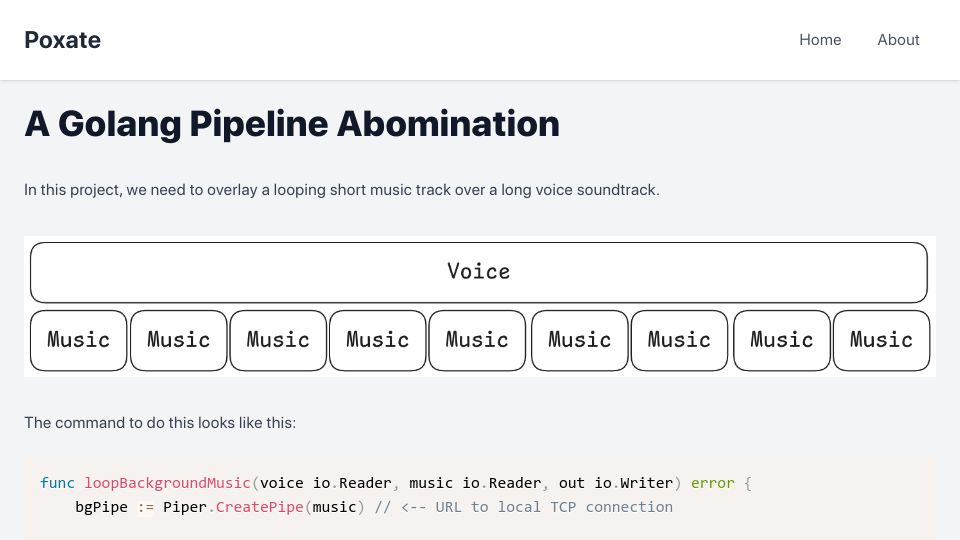Screenshot of poxate.com: A Golang pipeline abomination