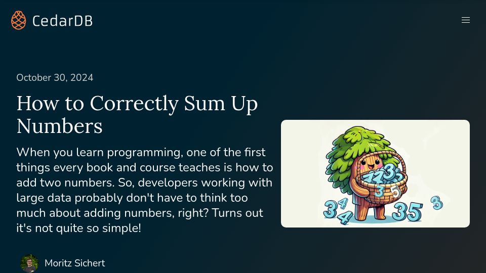 Screenshot of cedardb.com: How to Correctly Sum Up Numbers