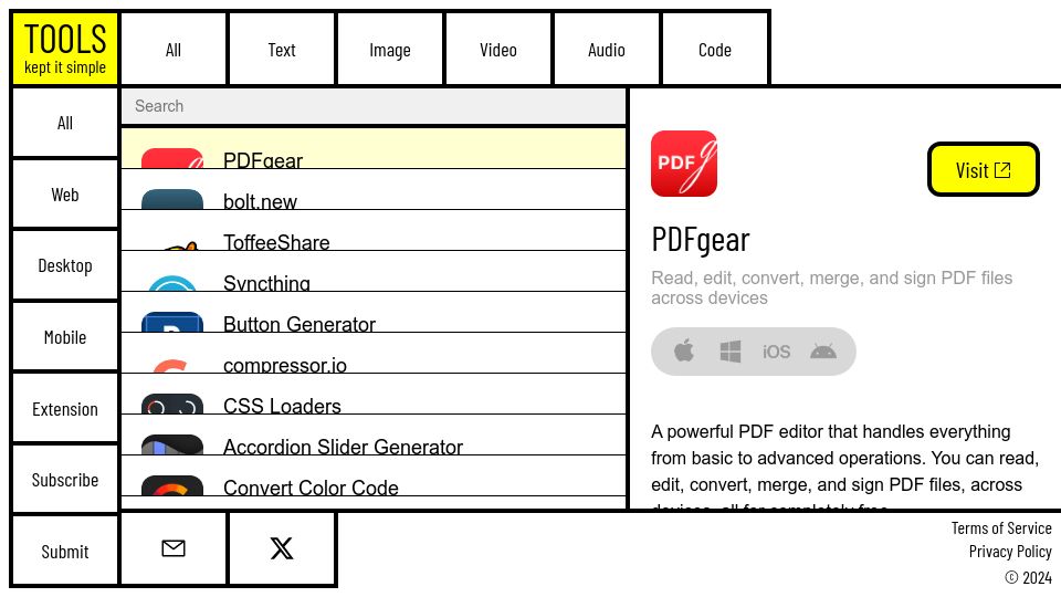 Screenshot of kis.tools: Show HN: Kis.tools – A directory of tools that work