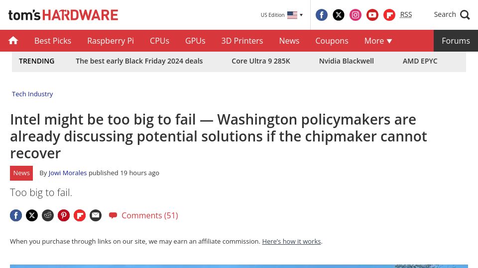 Screenshot of tomshardware.com: Intel might be too big to fail