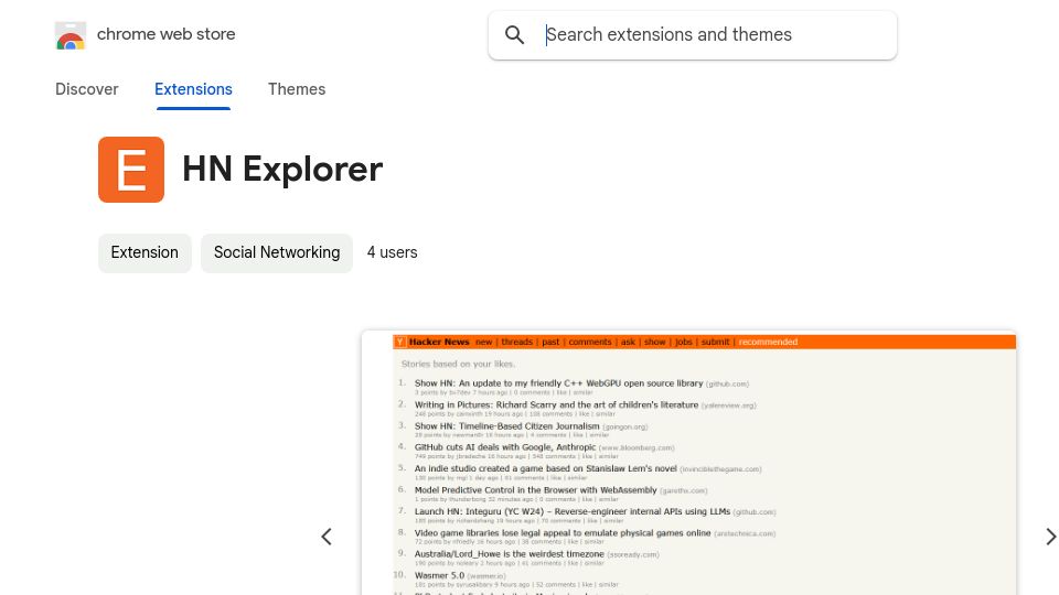 Screenshot of chromewebstore.google.com: Hacker News Explorer