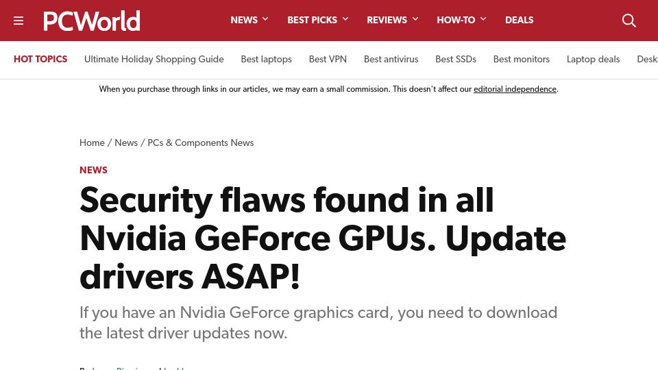 Screenshot of pcworld.com: Security flaws found in Nvidia GeForce GPUs