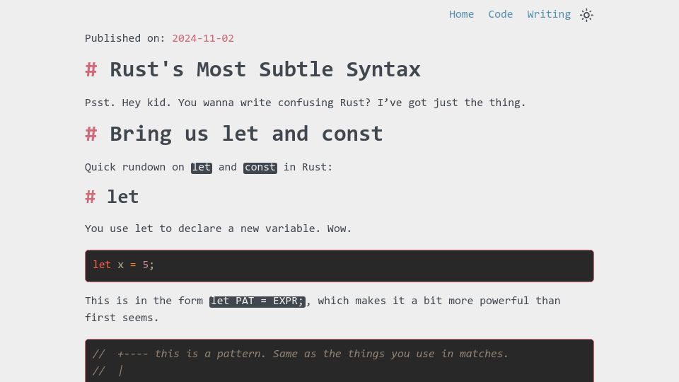 Screenshot of zkrising.com: Rust's Most Subtle Syntax