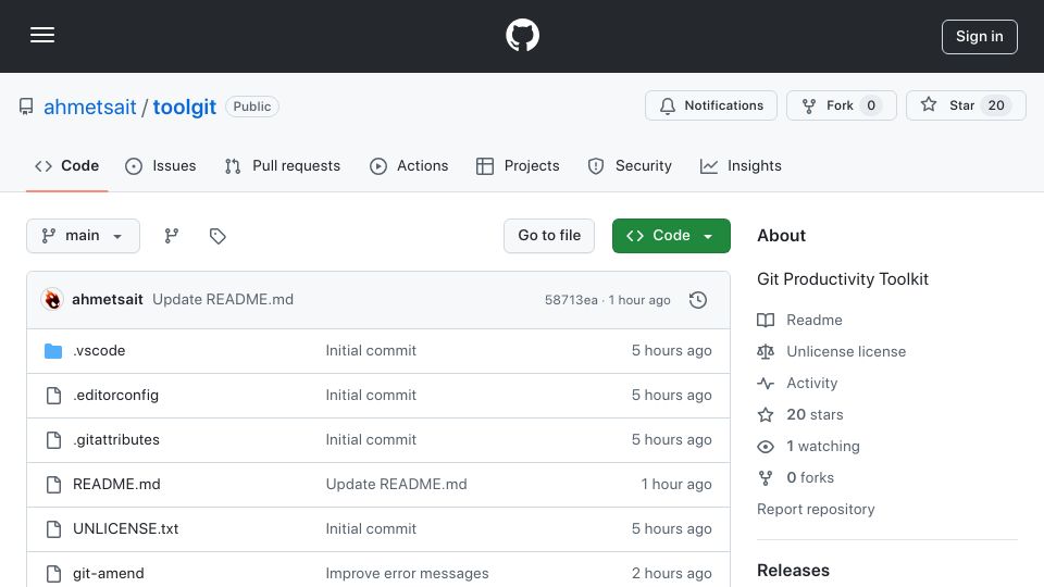 Screenshot of github.com: ToolGit: A collection of scripts that extend Git with various sub-commands