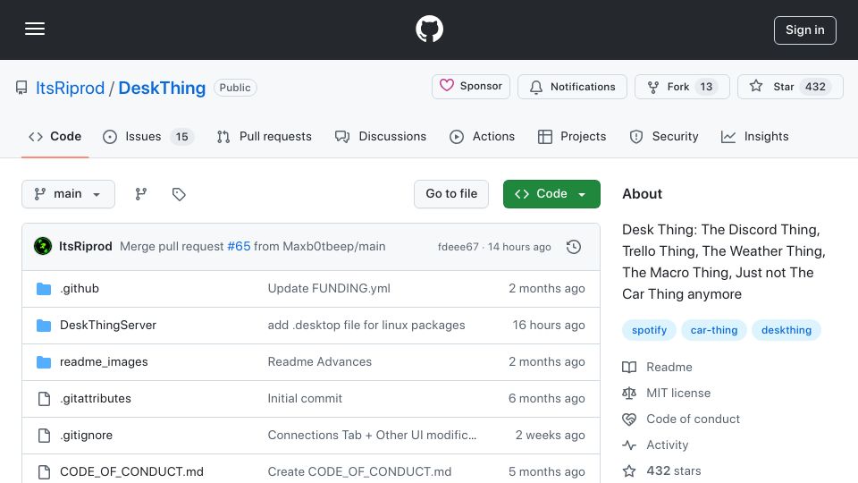Screenshot of github.com: The DeskThing: the perfect desk assistant