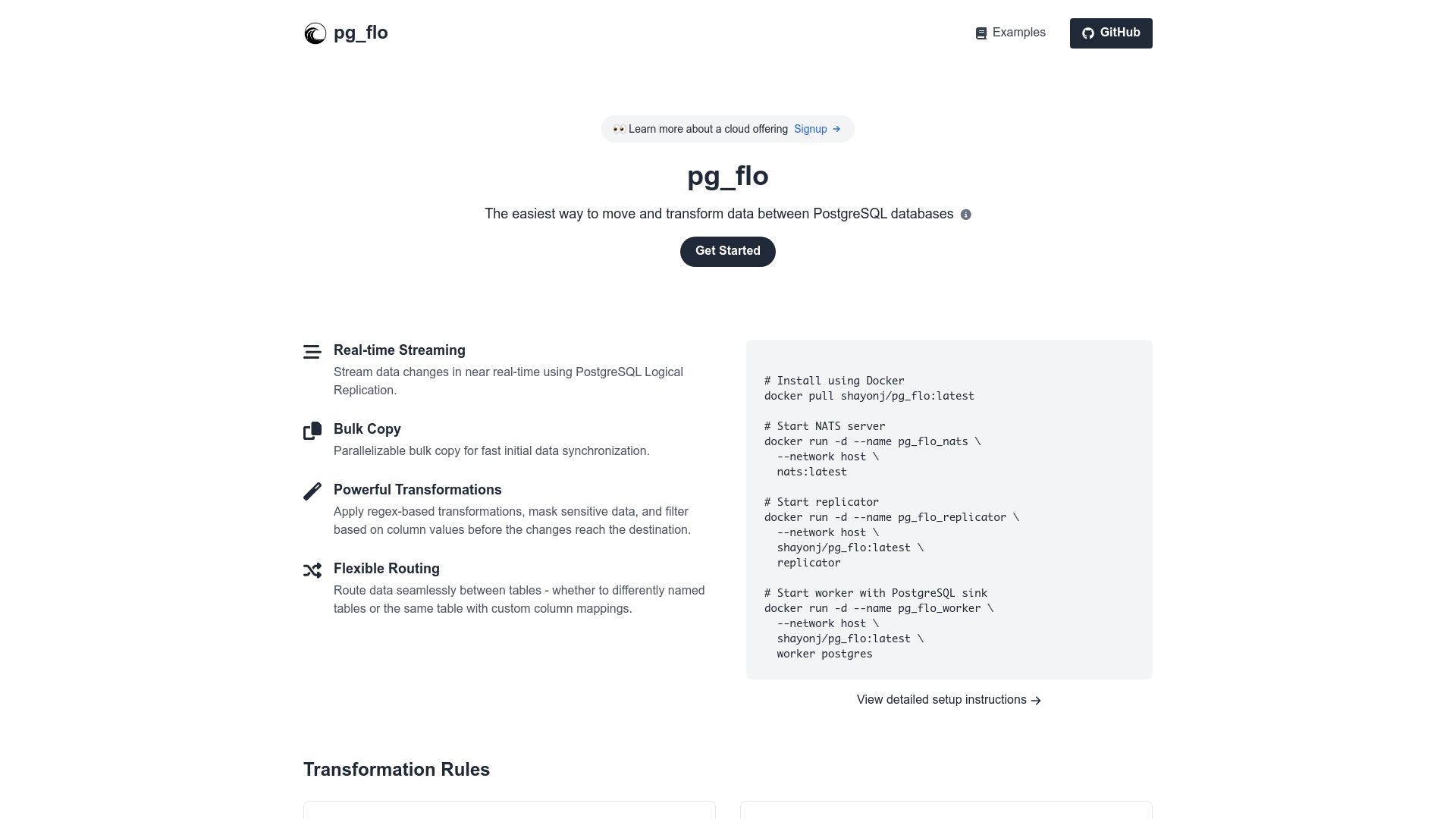 Screenshot of pgflo.io: pg_flo – Stream, transform, and re-route PostgreSQL data in real-time