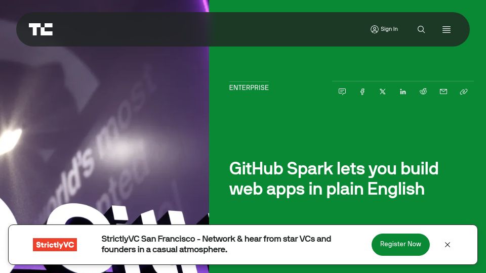 Screenshot of techcrunch.com: GitHub Spark lets you build web apps in plain English