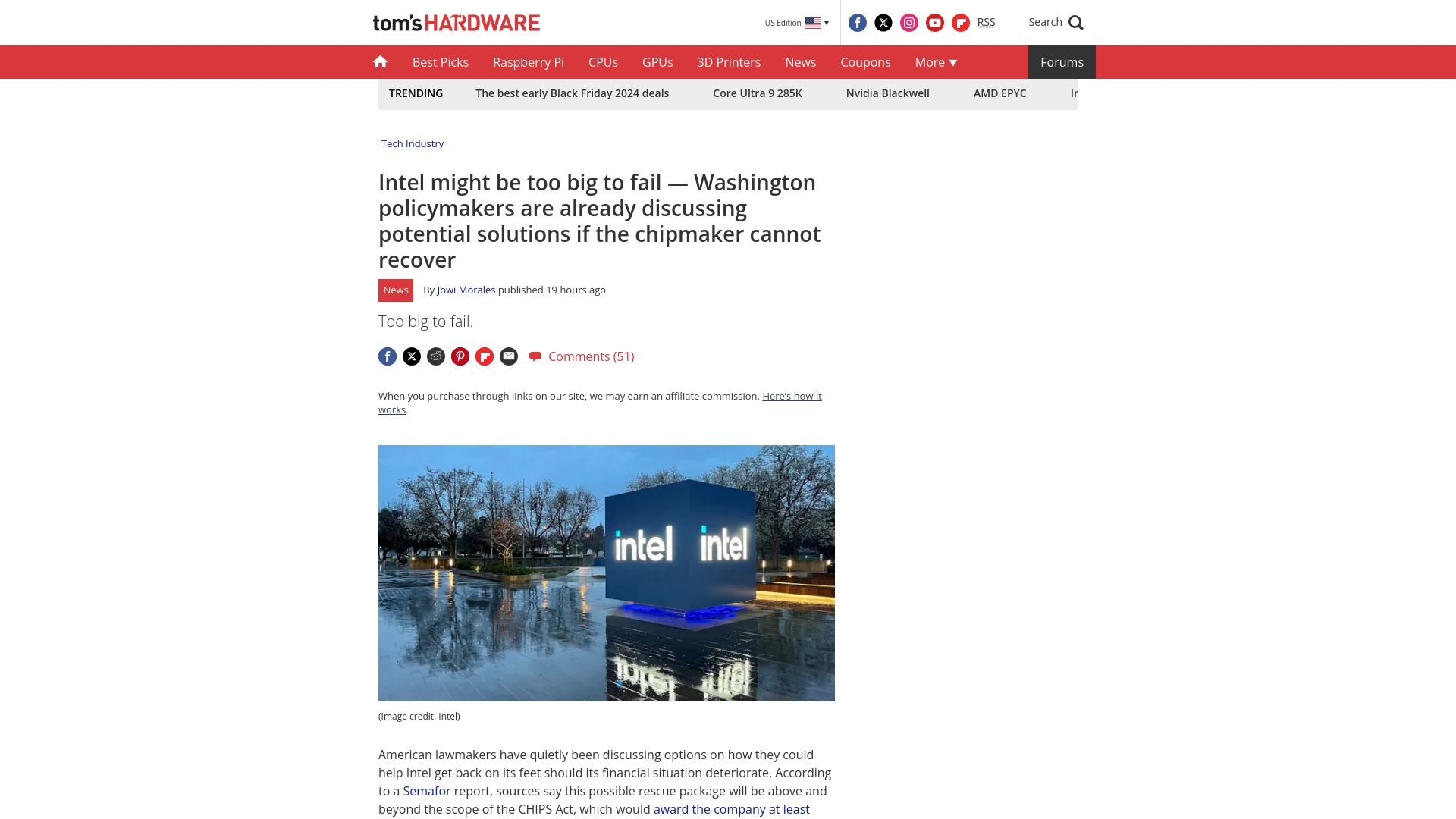 Screenshot of tomshardware.com: Intel might be too big to fail