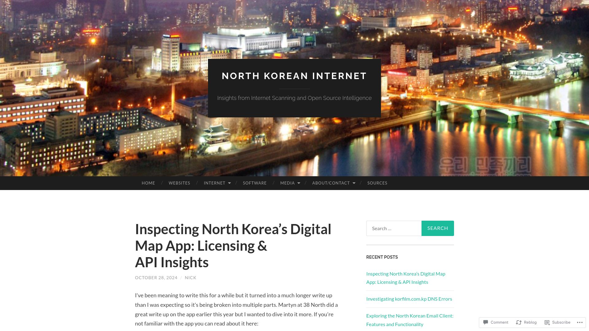 Screenshot of nkinternet.wordpress.com: Inspecting North Korea's Digital Map App: Licensing and API Insights