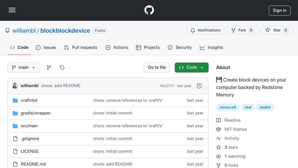 Screenshot of github.com: Create block devices on your computer backed by Redstone Memory