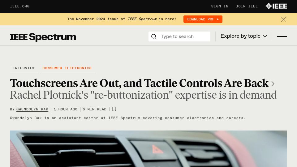 Screenshot of spectrum.ieee.org: Touchscreens are out, and tactile controls are back