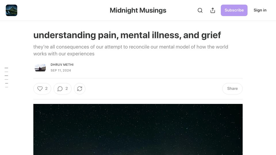 Screenshot of dhruvmethi.substack.com: Understanding pain, mental illness, and grief