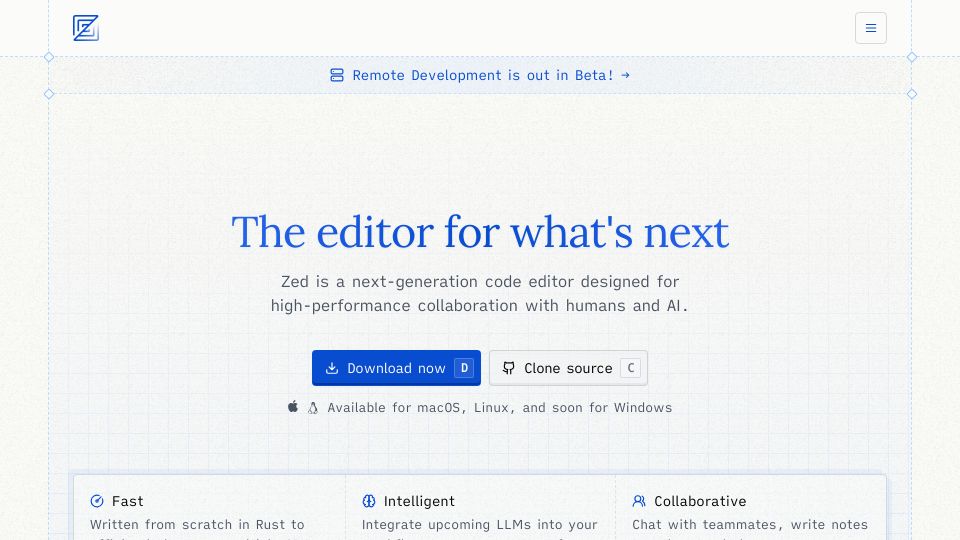 Screenshot of zed.dev: Zed – The Editor for What's Next