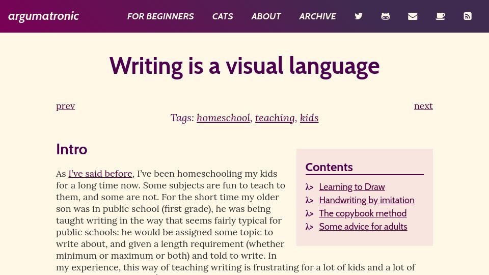 Screenshot of argumatronic.com: Writing Is a Visual Language