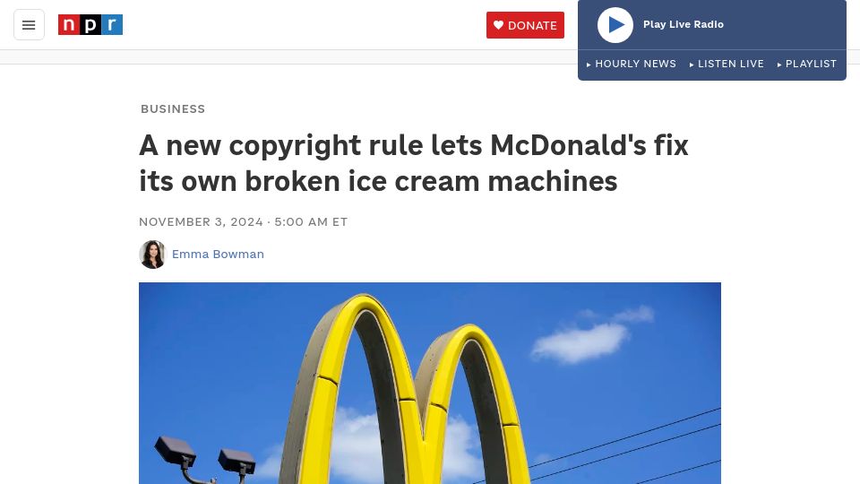 Screenshot of npr.org: A new copyright rule lets McDonald's fix its own broken ice cream machines