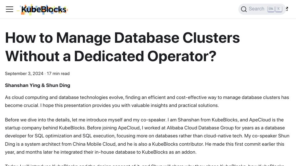 Screenshot of kubeblocks.io: Manage Database Clusters Without a Dedicated Operator on Kubernetes
