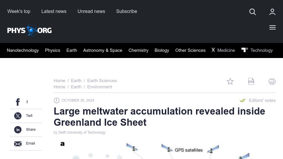 Screenshot of phys.org: Large meltwater accumulation revealed inside Greenland Ice Sheet