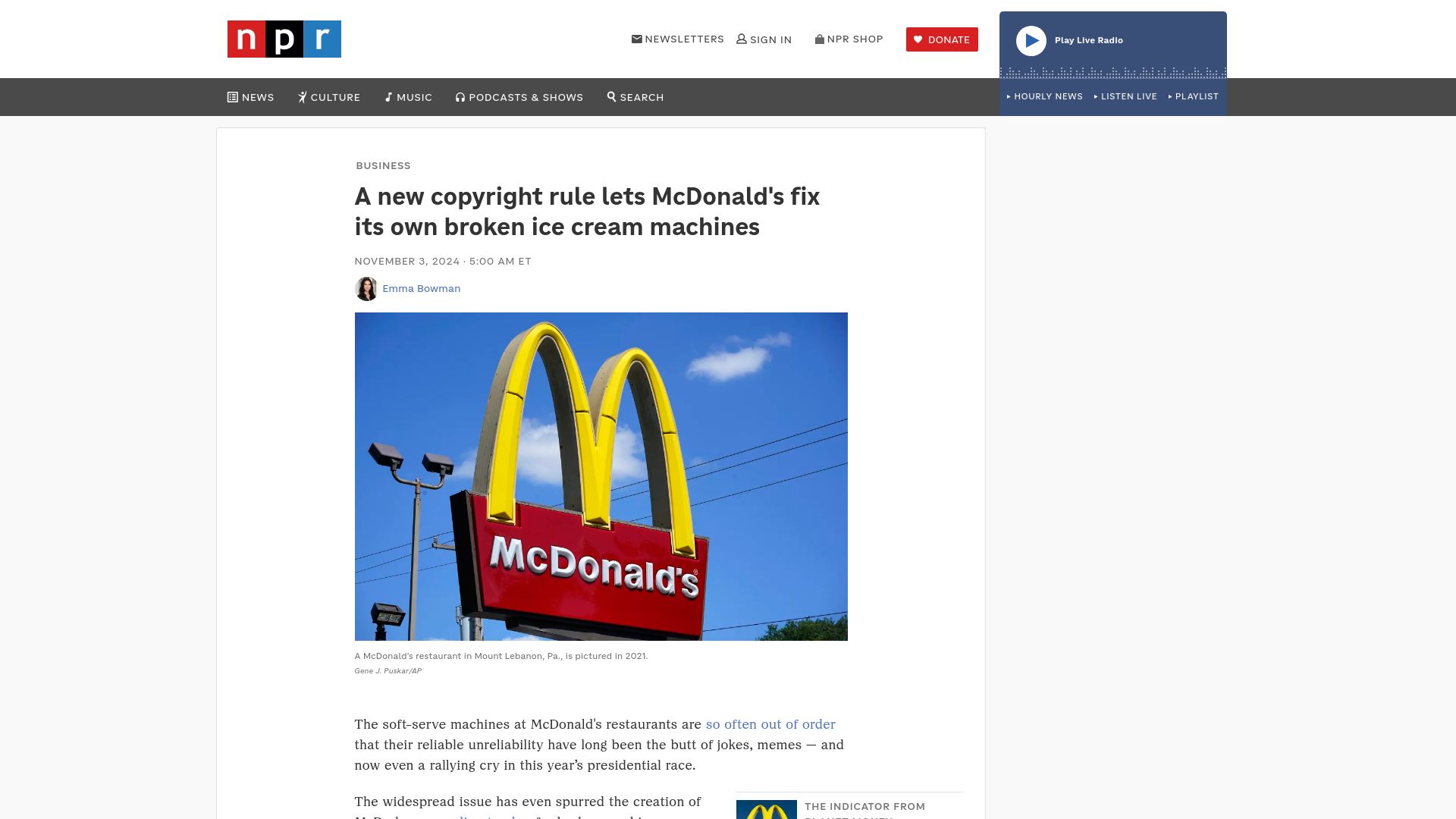 Screenshot of npr.org: A new copyright rule lets McDonald's fix its own broken ice cream machines