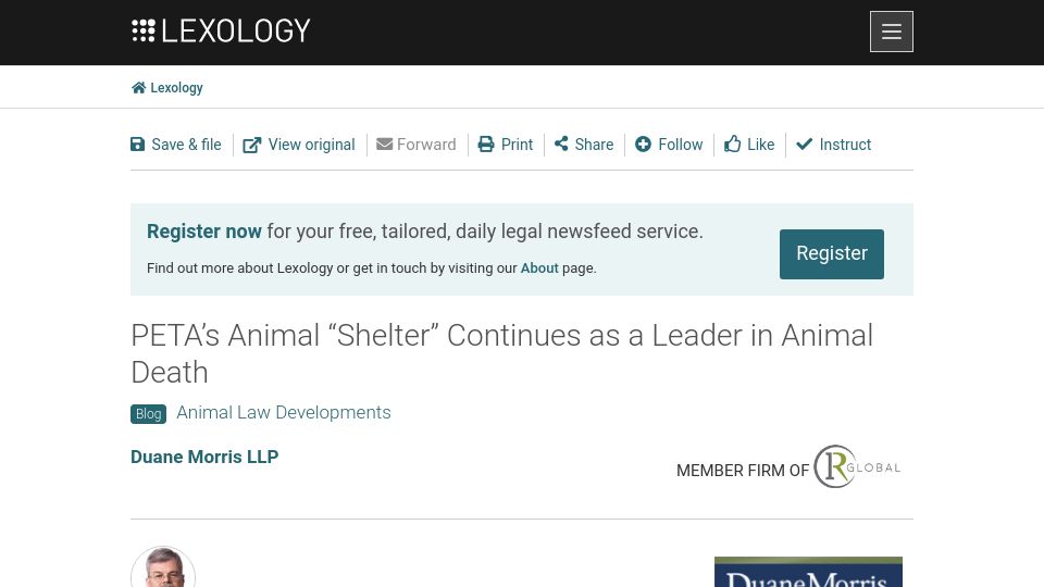 Screenshot of lexology.com: PETA's Animal Shelter Continues as a Leader in Animal Death