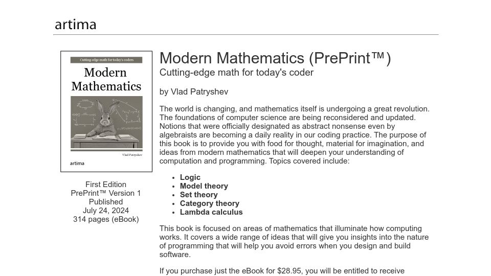 Screenshot of artima.com: Modern Mathematics (Pre-Print) Cutting-edge math for today's coder