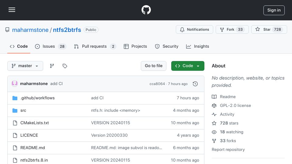 Screenshot of github.com: Ntfs2btrfs does in-place conversion of NTFS filesystem to the open-source Btrfs