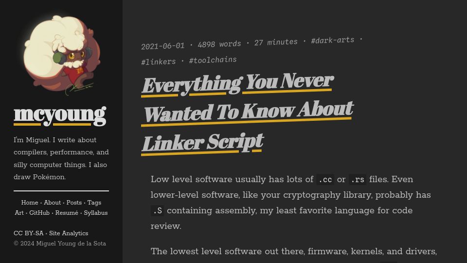Screenshot of mcyoung.xyz: Everything You Never Wanted to Know About Linker Script (2021)