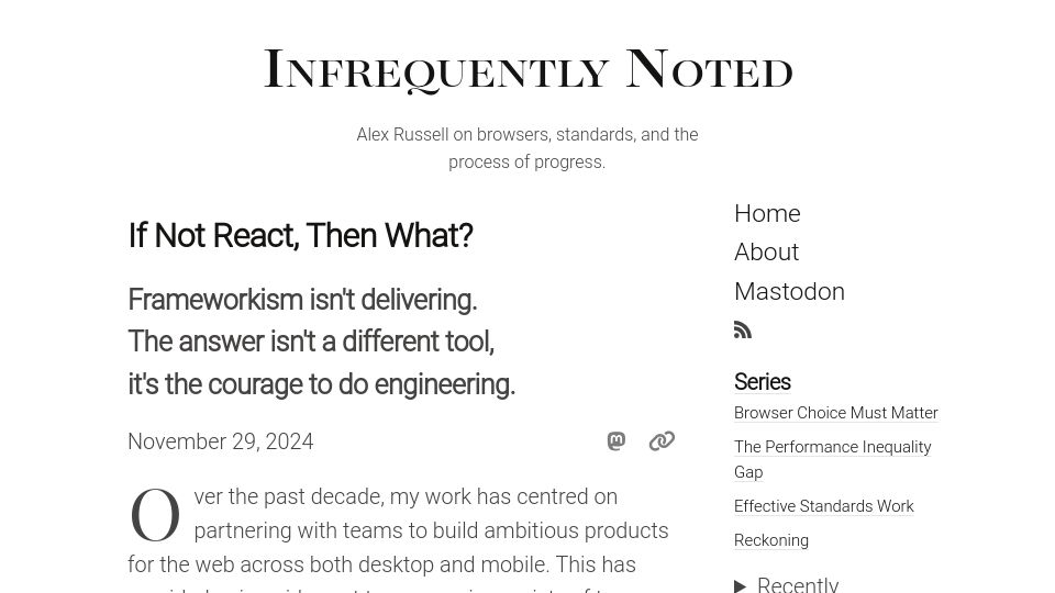 Screenshot of infrequently.org: If not React, then what?