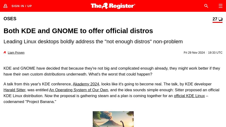 Screenshot of theregister.com: Both KDE and GNOME to offer official distros