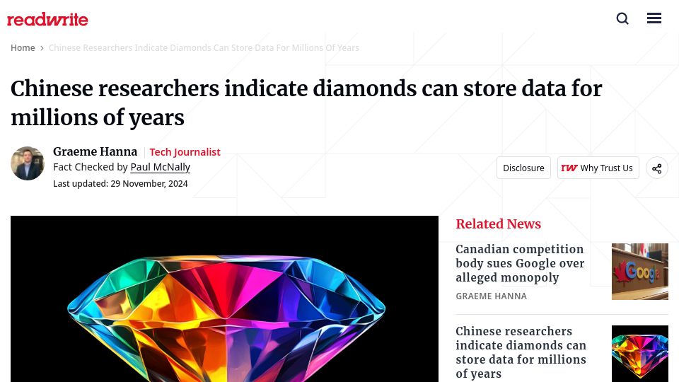 Screenshot of readwrite.com: Chinese researchers indicate diamonds can store data for millions of years