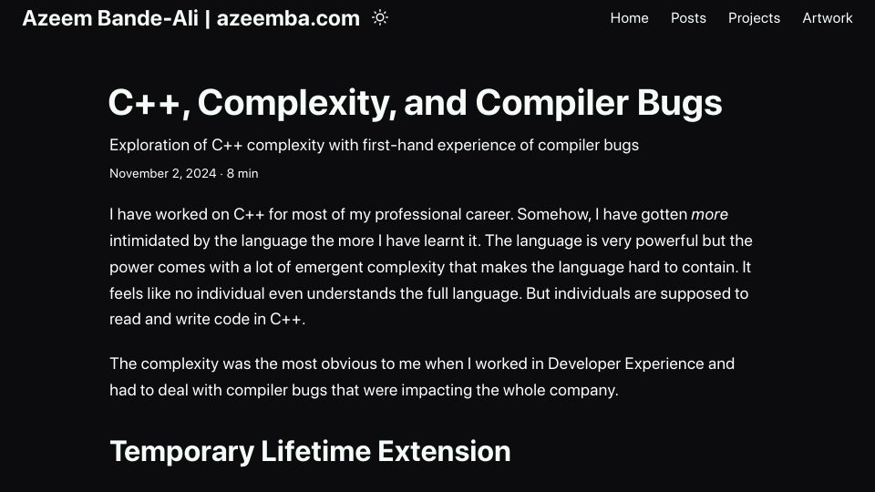 Screenshot of azeemba.com: C++, Complexity, and Compiler Bugs