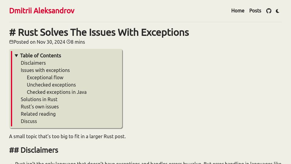 Screenshot of home.expurple.me: Rust Solves the Issues with Exceptions