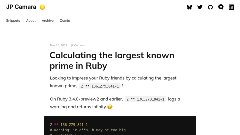 Screenshot of jpcamara.com: Calculating the largest known prime in Ruby