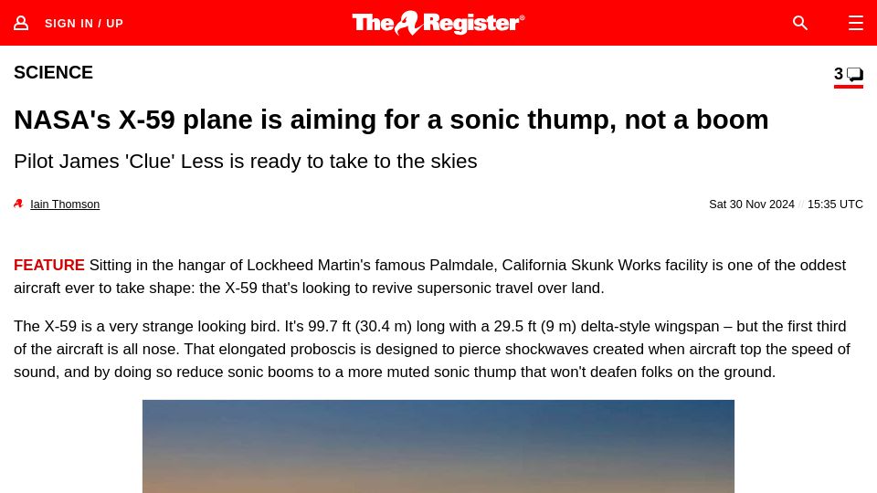 Screenshot of theregister.com: NASA's X-59 plane is aiming for a sonic thump, not a boom