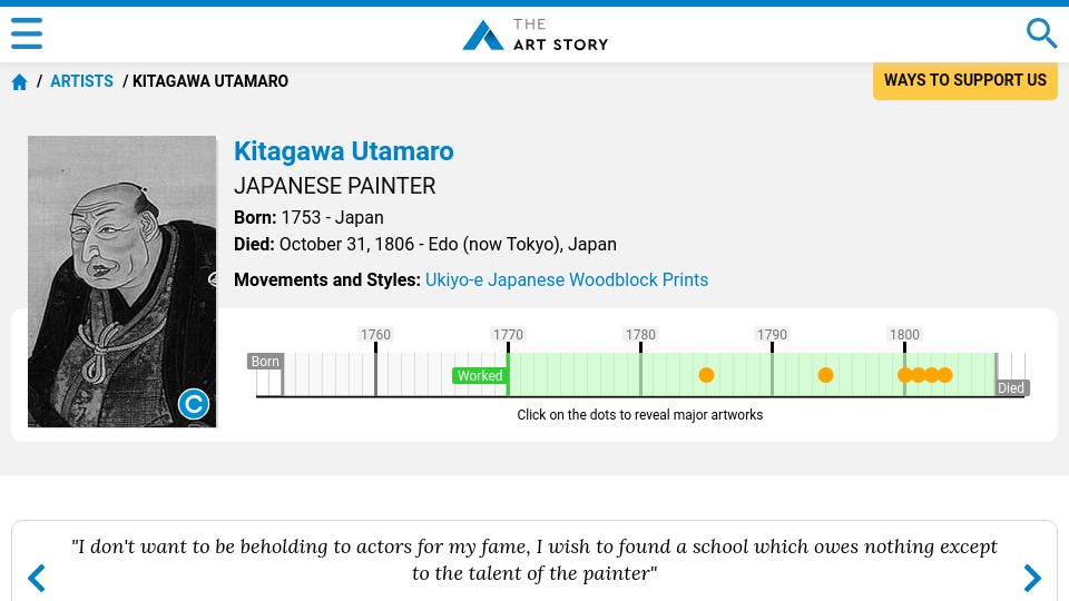 Screenshot of theartstory.org: Kitagawa Utamaro Japanese Painter