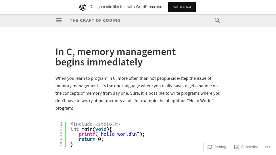 Screenshot of craftofcoding.wordpress.com: In C, memory management begins – The Craft of Coding