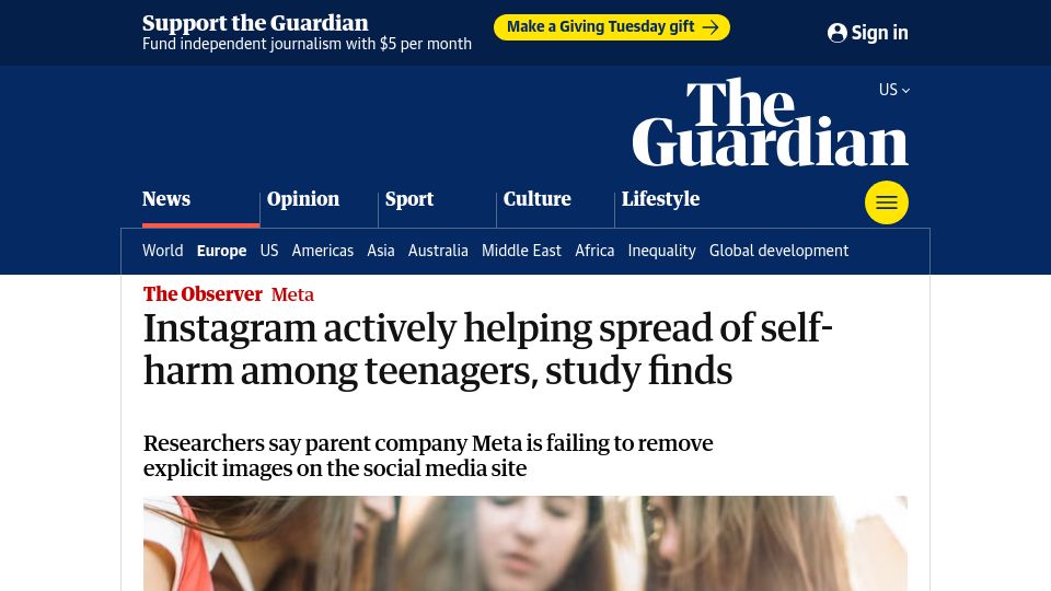 Screenshot of theguardian.com: Instagram actively helping spread of self-harm among teenagers, study finds