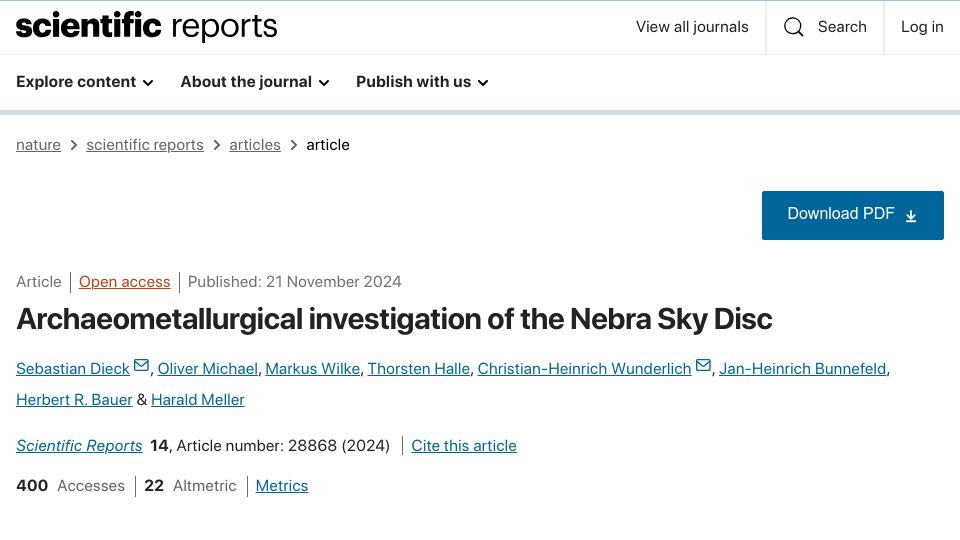 Screenshot of nature.com: Archaeometallurgical investigation of the Nebra Sky Disc
