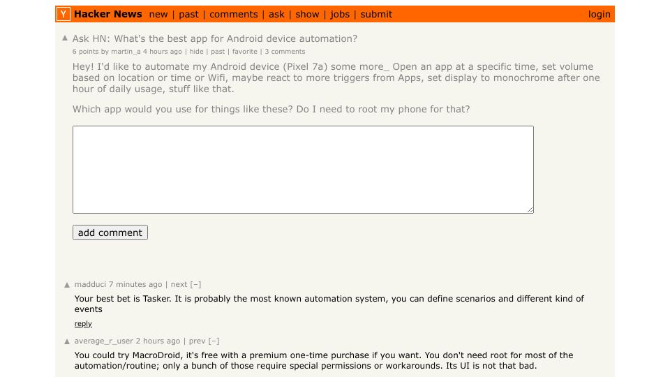 Screenshot of Hacker News post: Ask HN: What's the best app for Android device automation?