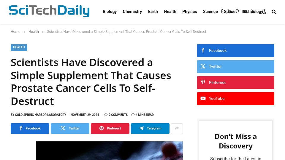 Screenshot of scitechdaily.com: Simple Supplement That Causes Prostate Cancer Cells to Self-Destruct