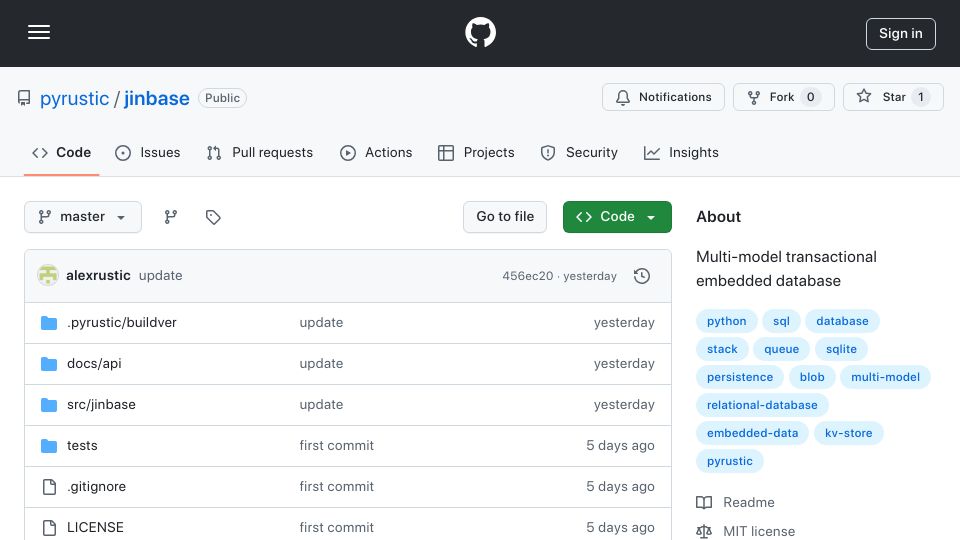 Screenshot of github.com: Show HN: Jinbase – Multi-model transactional embedded database