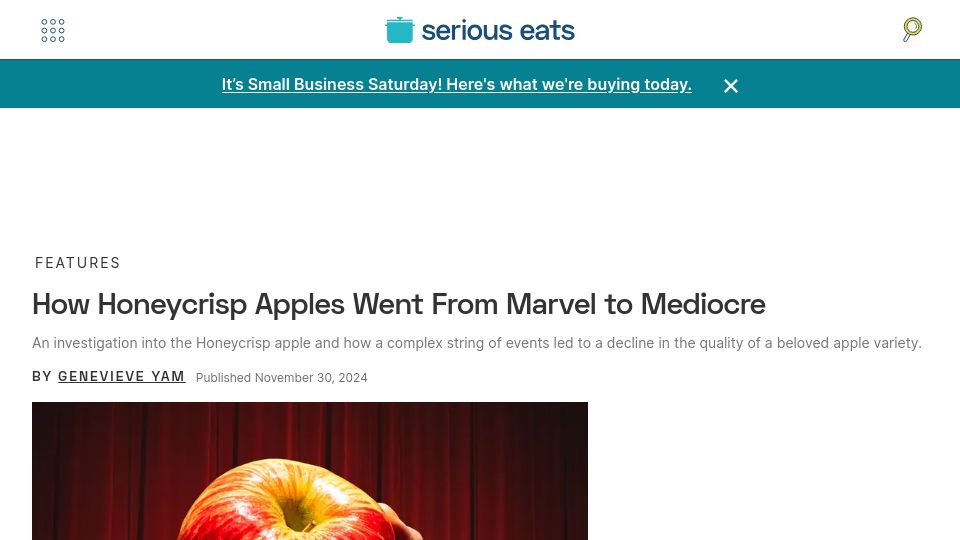 Screenshot of seriouseats.com: Honeycrisp apples went from marvel to mediocre