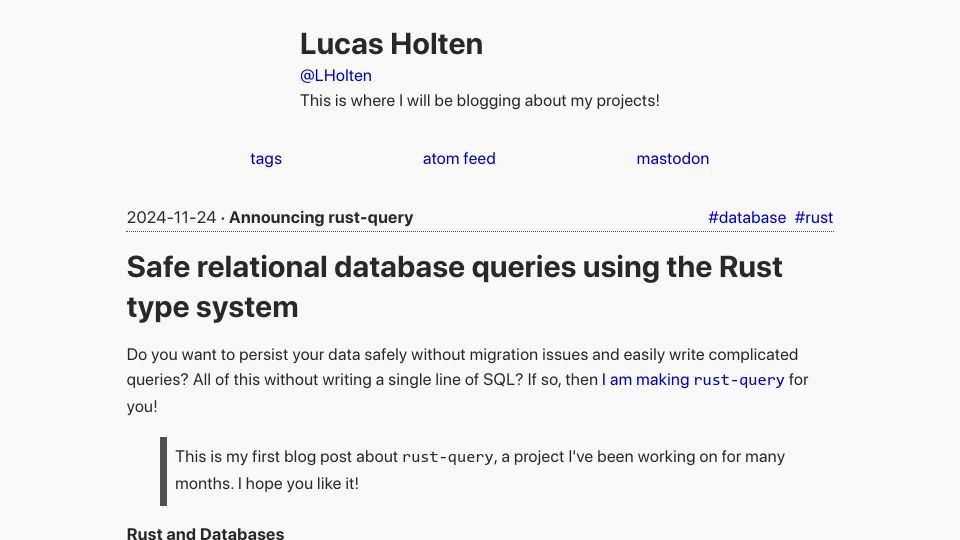 Screenshot of blog.lucasholten.com: Safe relational database queries using the Rust type system