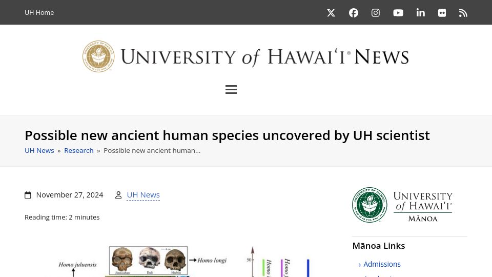 Screenshot of hawaii.edu: Possible new ancient human species uncovered