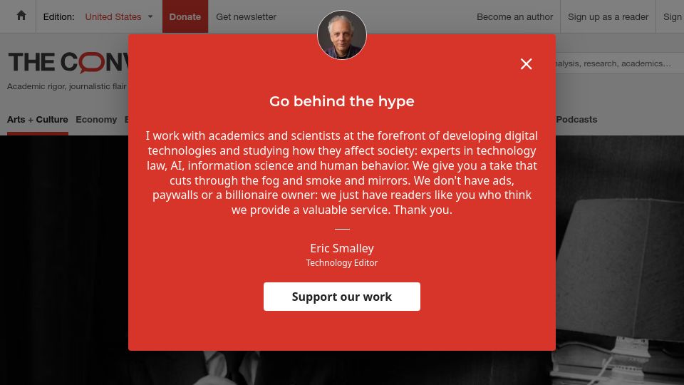 Screenshot of theconversation.com: An 83-year-old short story by Borges portends a bleak future for the internet
