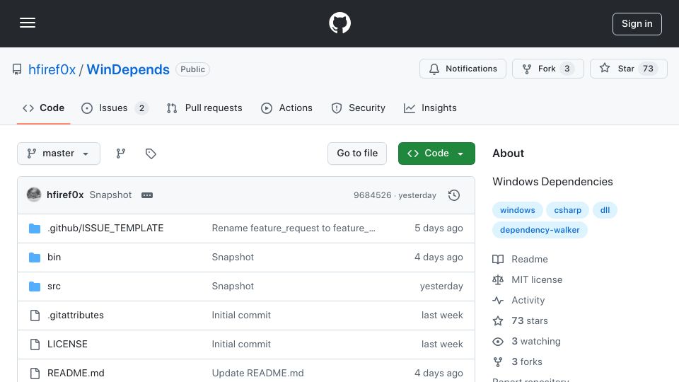Screenshot of github.com: WinDepends – A Rewrite of the Dependency Walker