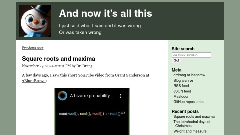 Screenshot of leancrew.com: Square roots and maxima