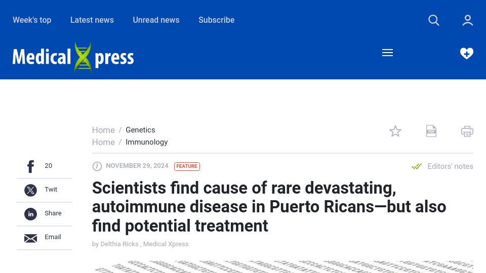 Screenshot of medicalxpress.com: Cause of rare devastating, autoimmune disease in Puerto Ricans–and possible cure
